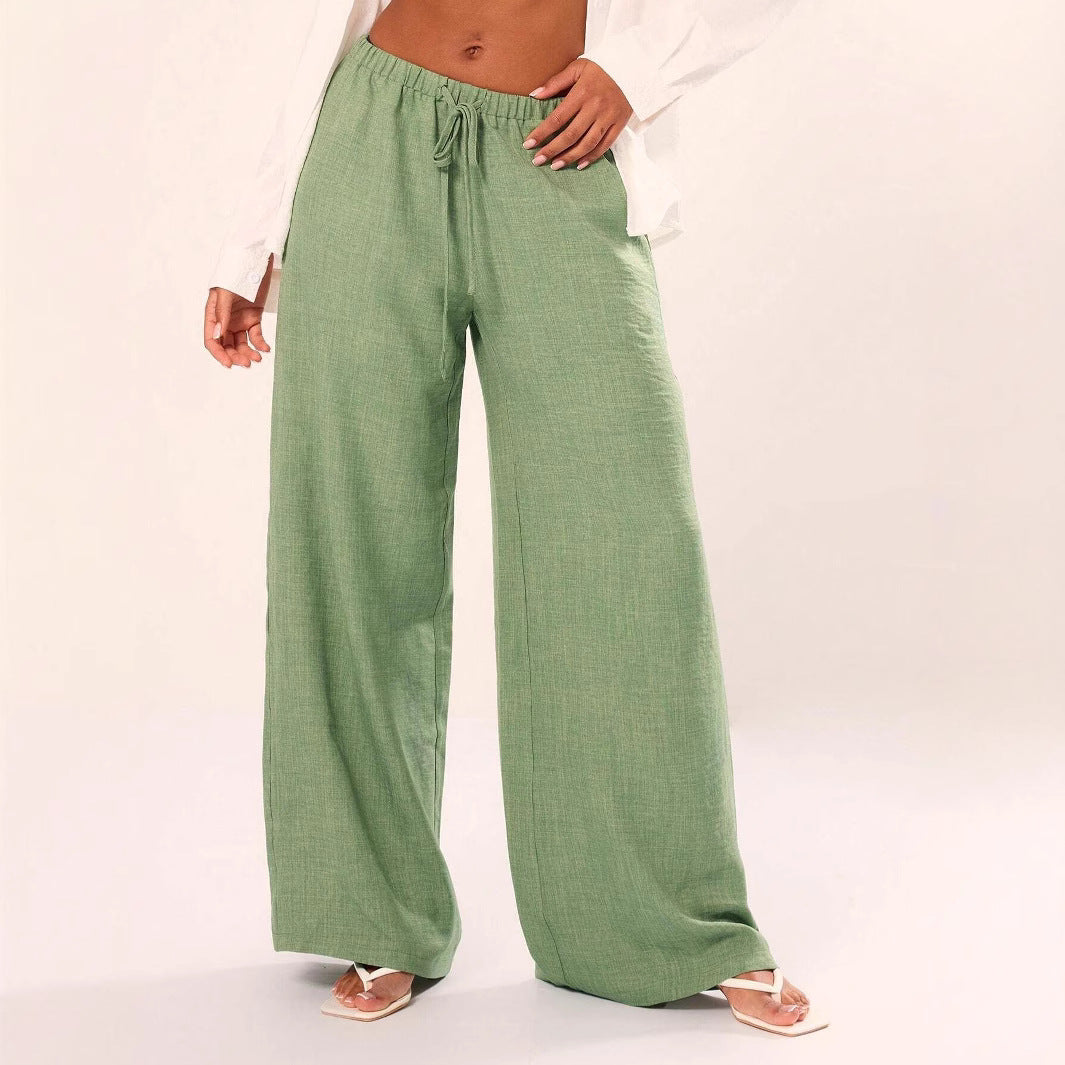 Women’s Wide-Leg Pants – Linen Blend – Relaxed Fit – Elastic Drawstring Waist