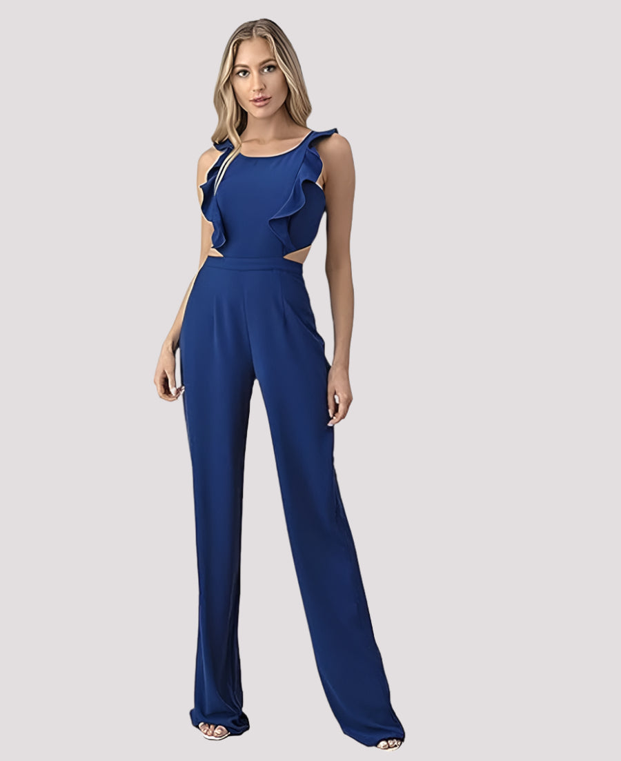 Women’s Jumpsuit – Sleeveless – High Waist – Wide Leg – Ruffle Front – Cut-Out Waist