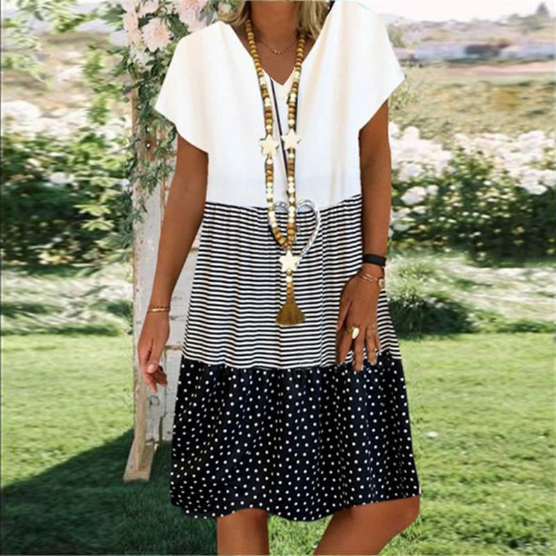 Women’s Midi Dress – Relaxed Fit – V-Neck – Short Sleeve – Tiered Boho Style – Breathable Blend