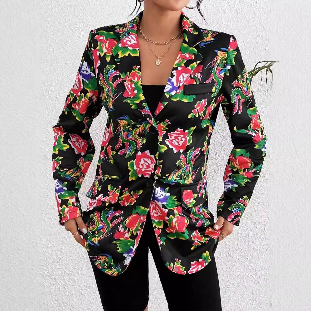 Women’s Blazer – Slim Fit – Silk Feel – Floral Print – Button Closure – Hip Length
