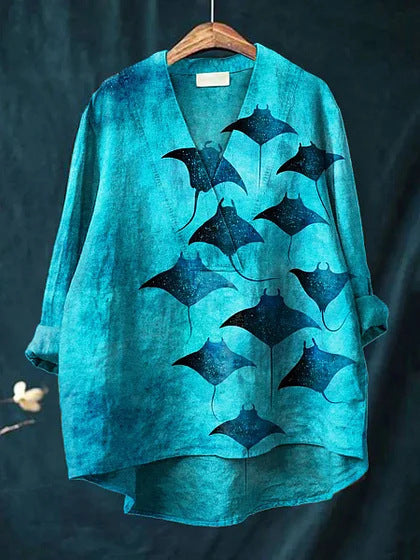 Women’s Long Sleeve Shirt – Relaxed Fit – V-Neck – Cotton Blend – Digital Print