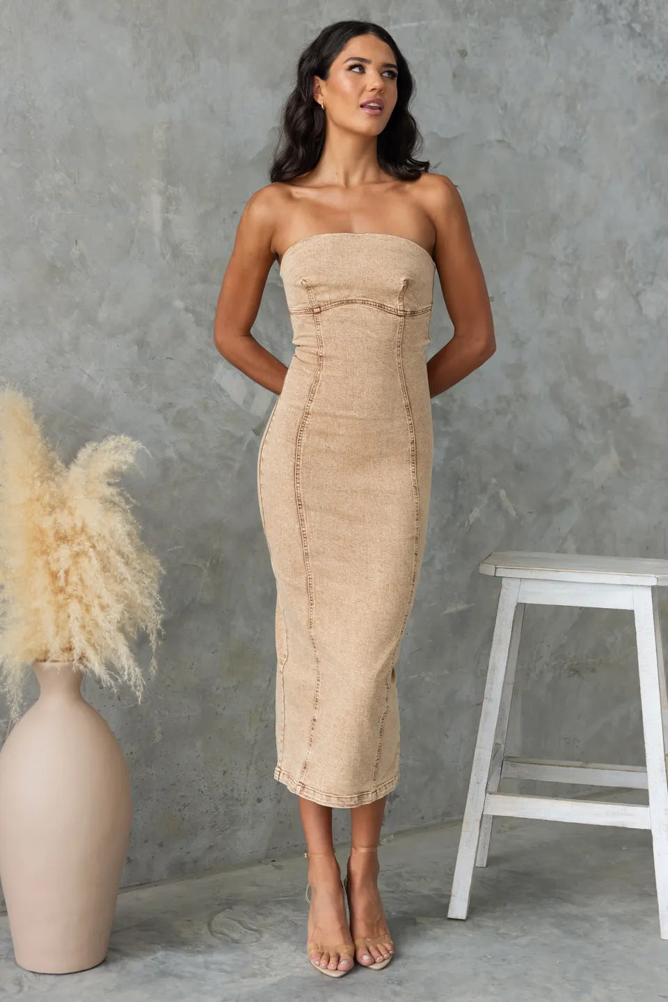 Women’s Strapless Midi Dress – Slim Fit Denim – Tailored Seams – Formal Style