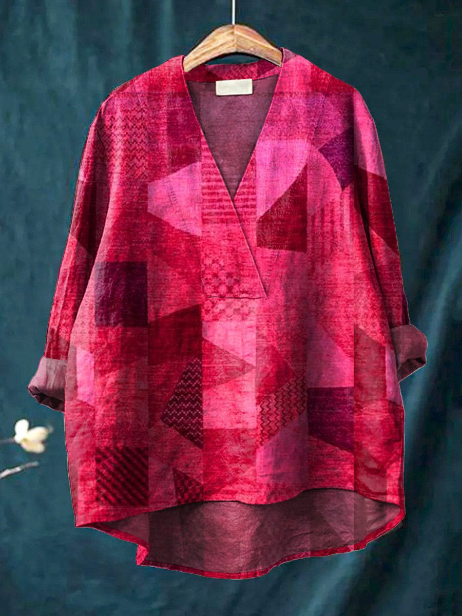 Women’s Long Sleeve Shirt – Relaxed Fit – V-Neck – Cotton Blend – Digital Print