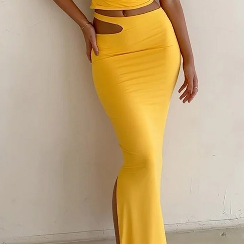 Women’s Two-Piece Skirt Set – Slim Fit – One Shoulder Top – High Waist Midi Skirt – Cut-Out
