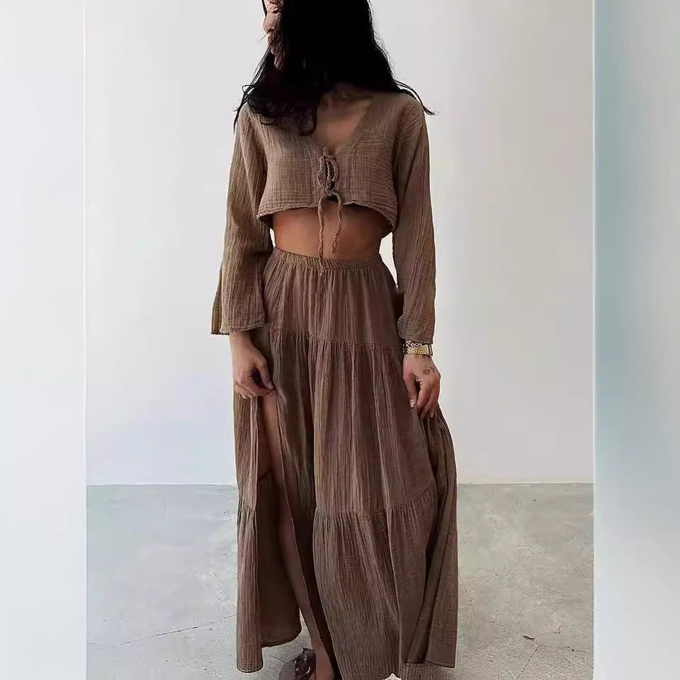 Women’s Two-Piece Set – Cotton Linen – Tie-Front Cropped Cardigan & High-Slit Skirt