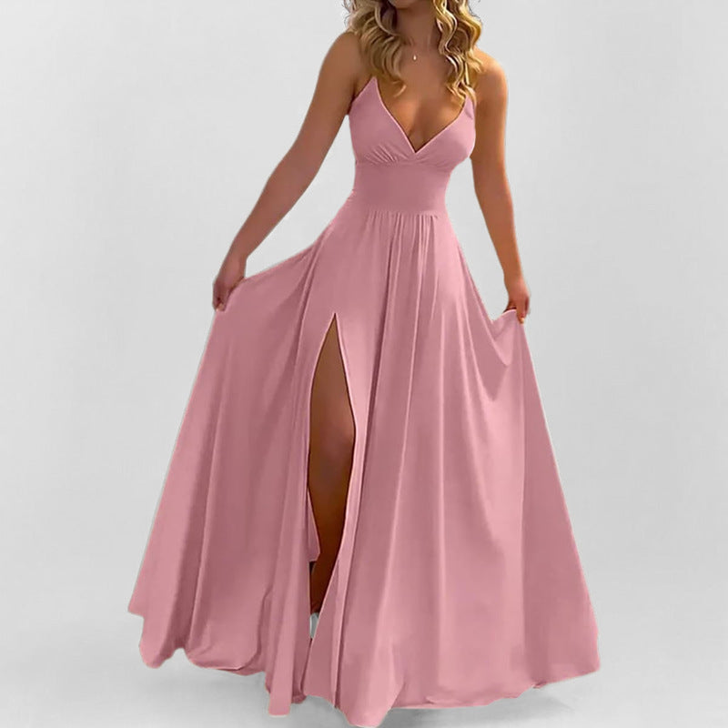 Women’s Evening Dress – Slim Fit – Chiffon Feel – V Neck – Thigh Slit – Ruffle Hem