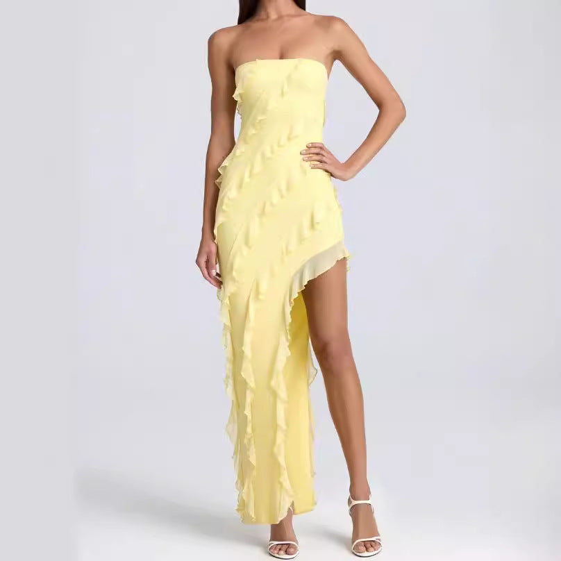 Women’s Strapless Gown – Slim Fit – Ruffle Detail – Asymmetrical Hem – Full Length