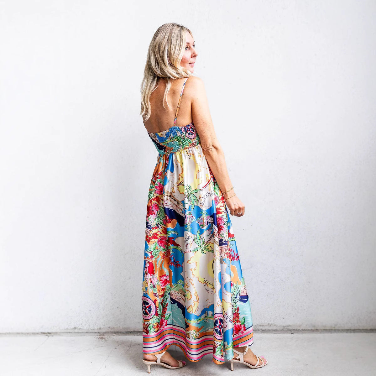 Women’s Sundress – A-Line Fit – High Waist – Cotton Blend – Spaghetti Straps – Full Length