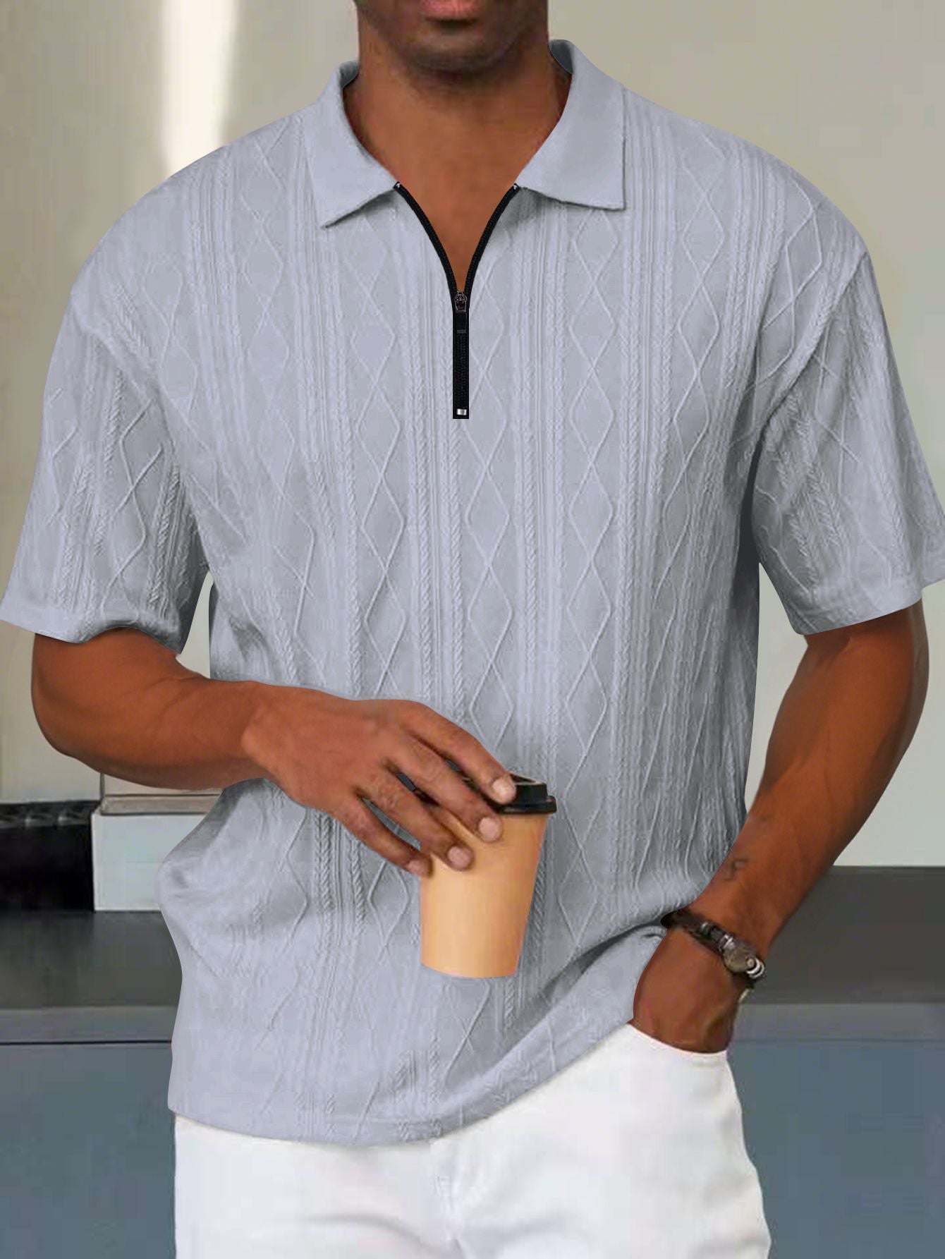 Men's Polo Shirt - Knit - Relaxed Fit - Zip Collar - Textured Cable Pattern