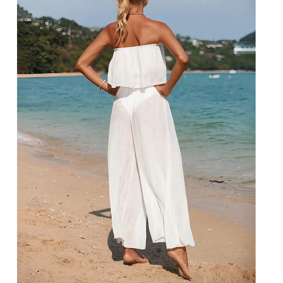 Women’s Two Piece Set – Strapless Cropped Top – High Waist Wide Leg Pants – Breathable Fabric