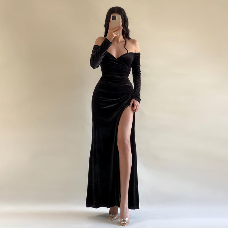 Women’s Long Dress – Velvet – Off Shoulder – Crossover Bust – High Slit Ruched Fit
