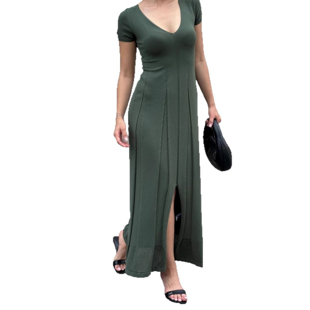 Women’s Maxi Dress – Slim Fit – V-Neck – Short Sleeve – Pleated with Side Slit