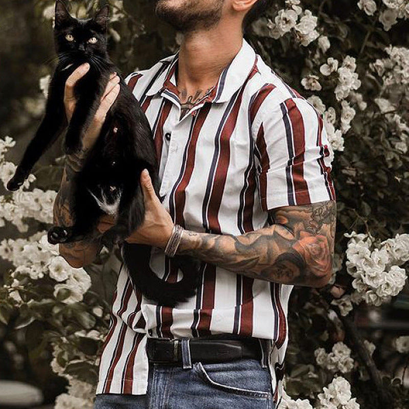 Men’s Short Sleeve Cardigan – Slim Fit – Vertical Stripes – Lapel Collar – Soft Knit