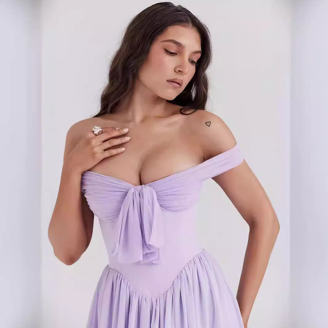 Women’s Mini Dress – Off Shoulder – Bow Front – Fit and Flare – Lightweight Casual Wear