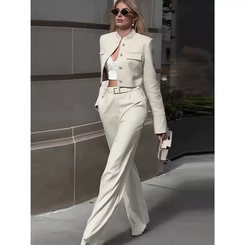 Women’s Suit Set – Cropped Tailored Jacket – High-Waisted – Wide-Leg Trousers – Belted