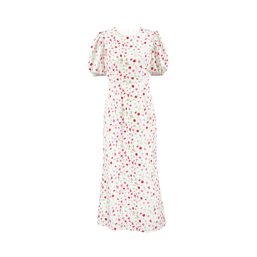 Women’s Midi Dress – Slim Fit – Puff Sleeve – High Waist Mermaid – Floral Print