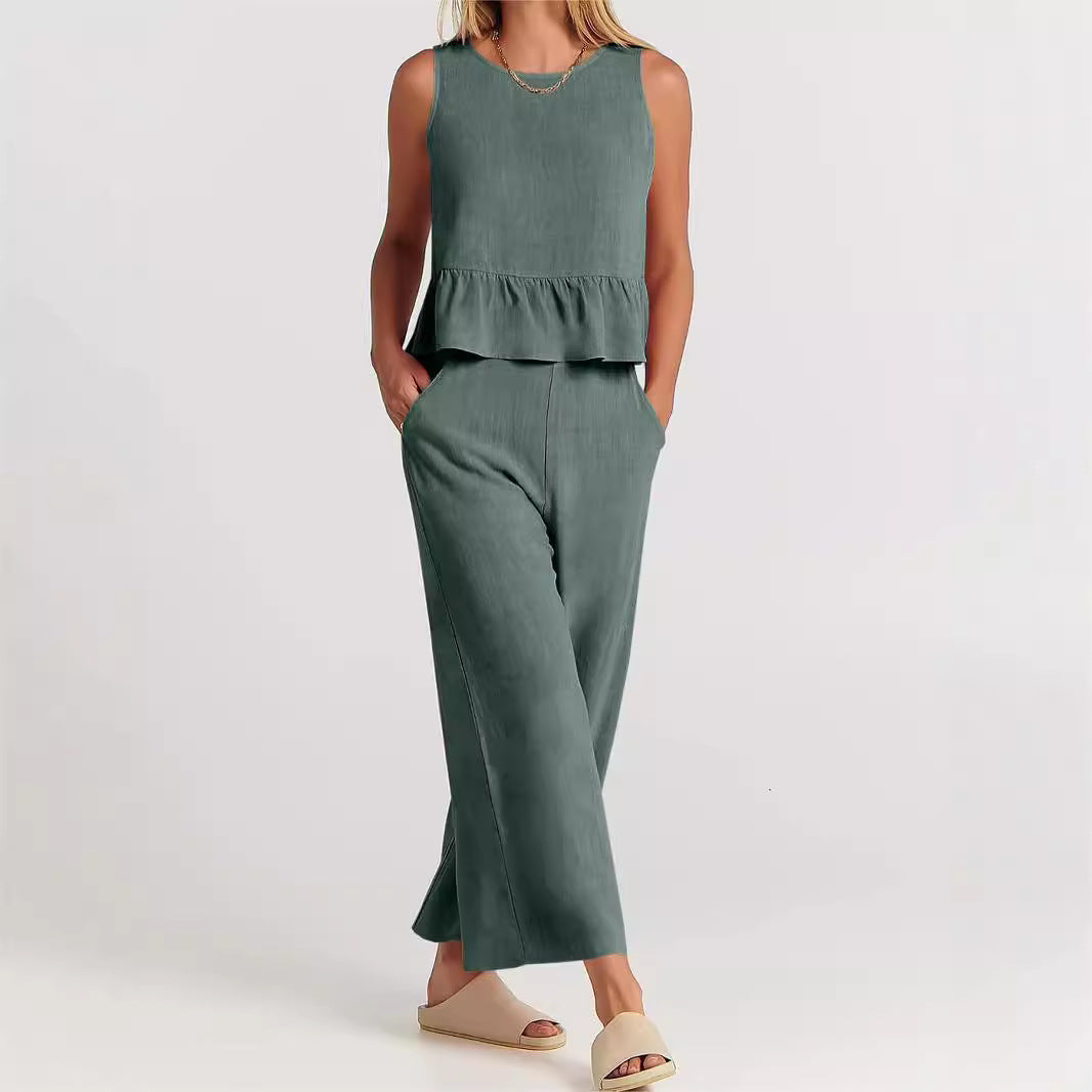 Women’s Two-Piece Set – Relaxed Fit – Sleeveless – Round Neck – Lightweight Cotton Blend
