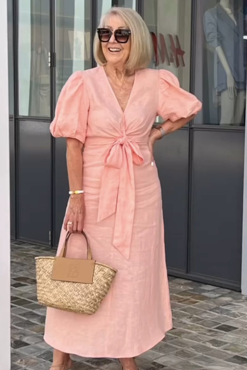 Women’s Midi Dress – V-Neck – Tie-Front Waist – Puff Sleeve – Natural Fibers – Relaxed Fit