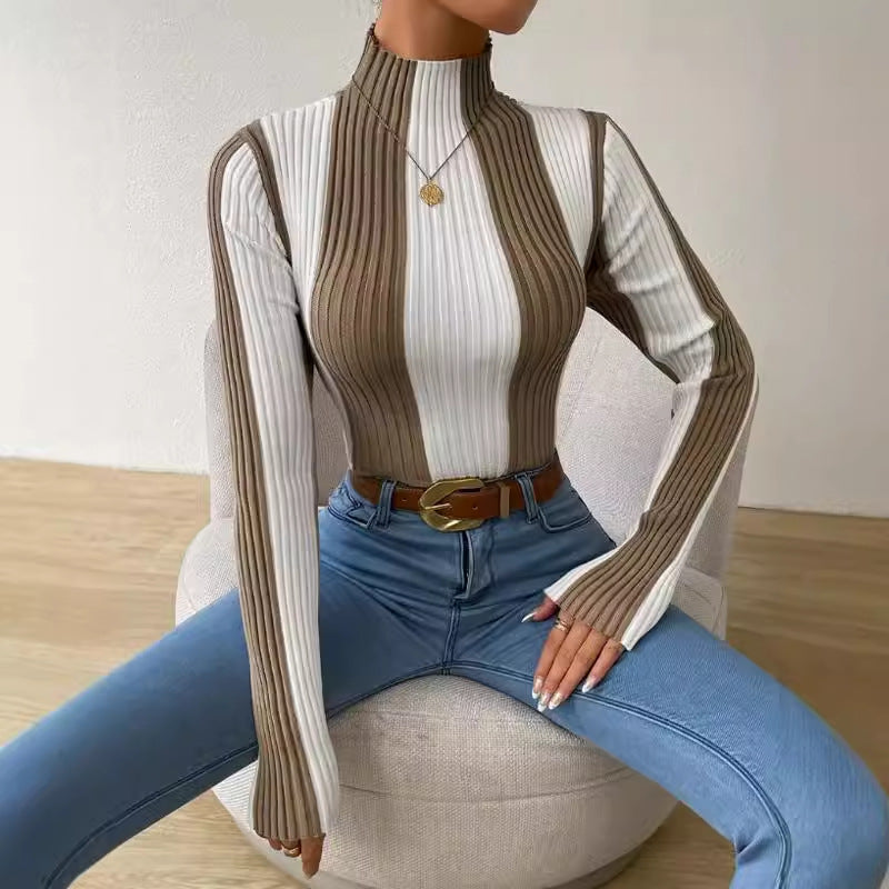 Women’s Knit Top – Slim Fit – Ribbed Texture – Mock Neck – Long Sleeve Soft Knit