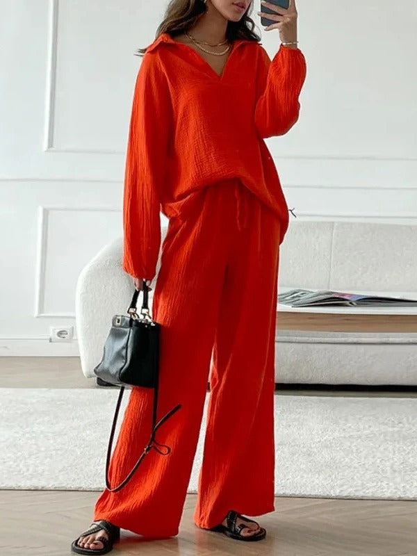 Women’s Lounge Set – Relaxed Fit – Long Sleeve V-Neck Top – Drawstring Pants