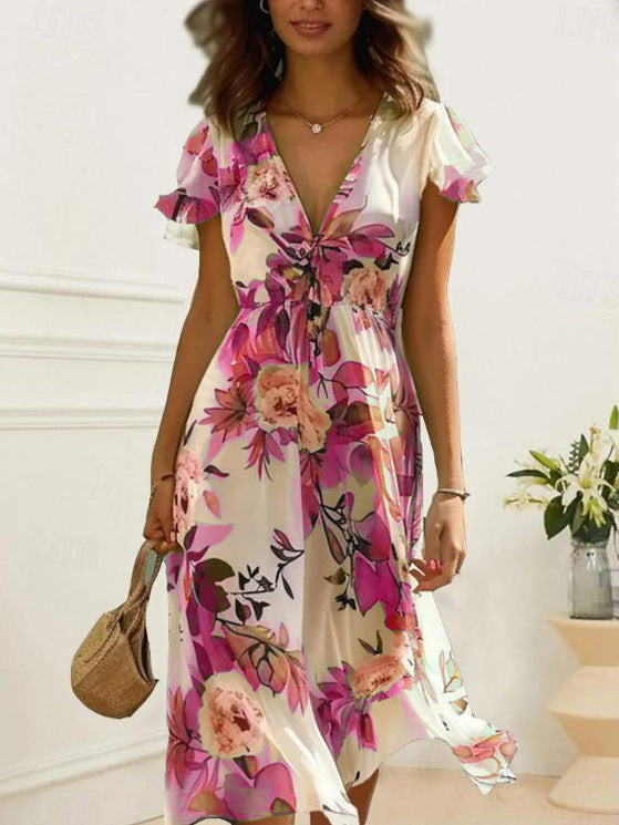 Women’s Midi Dress – Lightweight Chiffon – V-Neck – Ruffled Sleeves – Floral Print