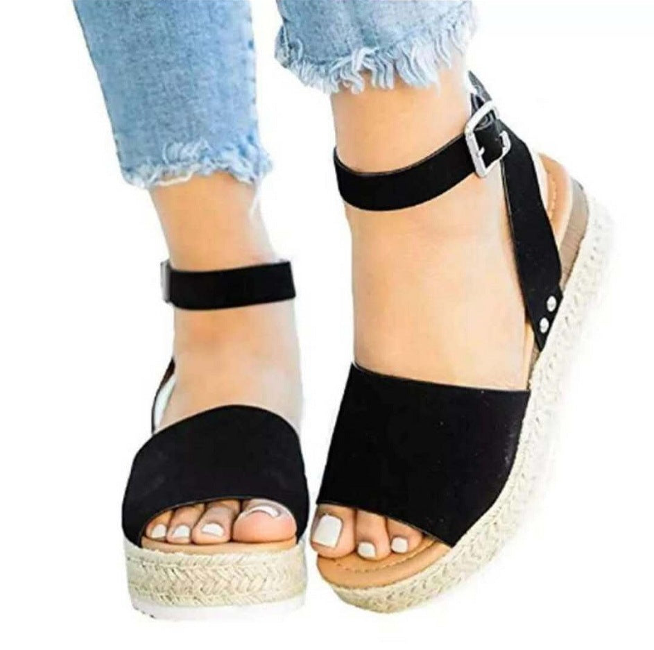 Women’s Wedge Sandals – Open Toe – Ankle Strap – Cushioned Footbed – Jute Platform