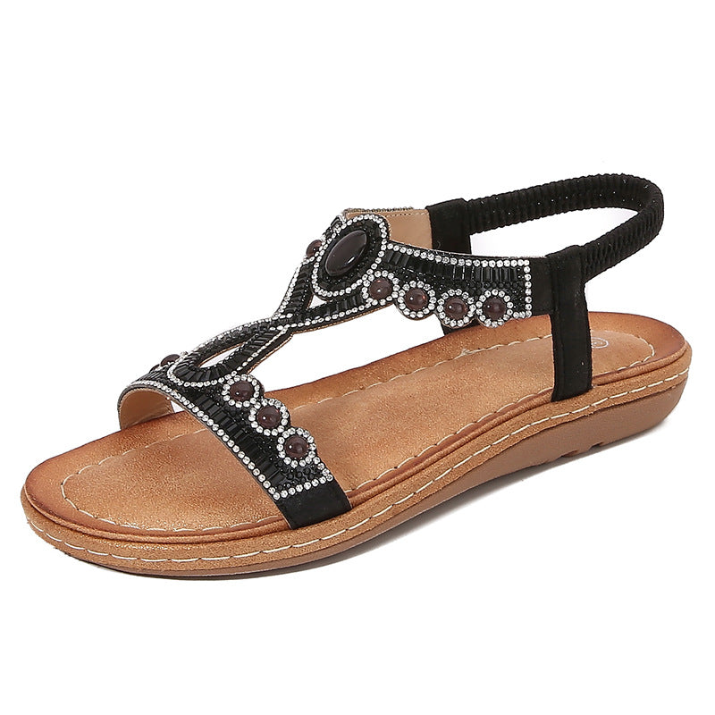 Women’s Thong Sandals – Flat Sole – Cushioned Footbed – Boho Crystal Embellished