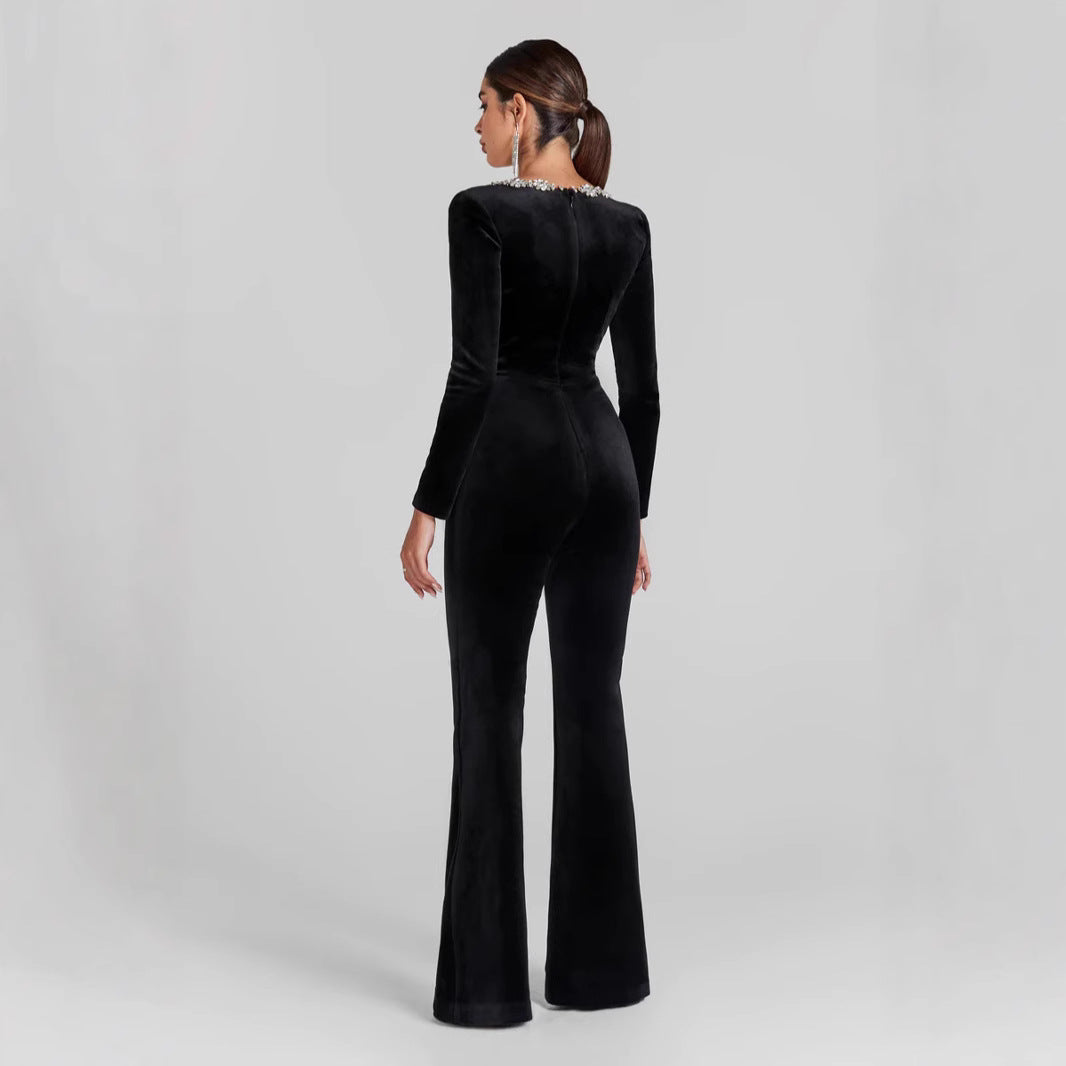 Women’s Jumpsuit – Velvet Fabric – Slim Fit – Embellished Neckline – Long Sleeve