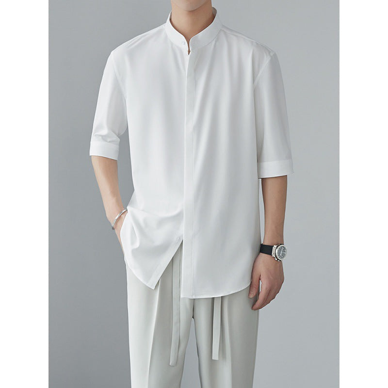 Men’s Long Sleeve Shirt – Relaxed Fit – Lightweight Drapey Fabric – Mandarin Collar