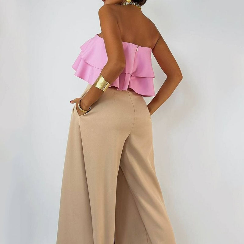 Women’s Strapless Jumpsuit – Ruffled Bodice – Wide Leg – Asymmetrical Draped Overlay