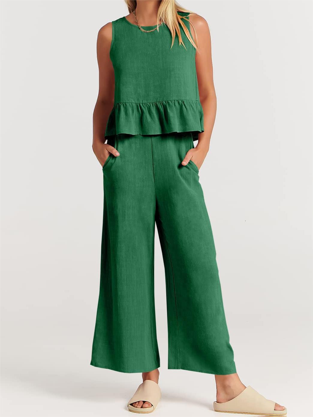 Women’s Two-Piece Set – Relaxed Fit – Sleeveless – Round Neck – Lightweight Cotton Blend