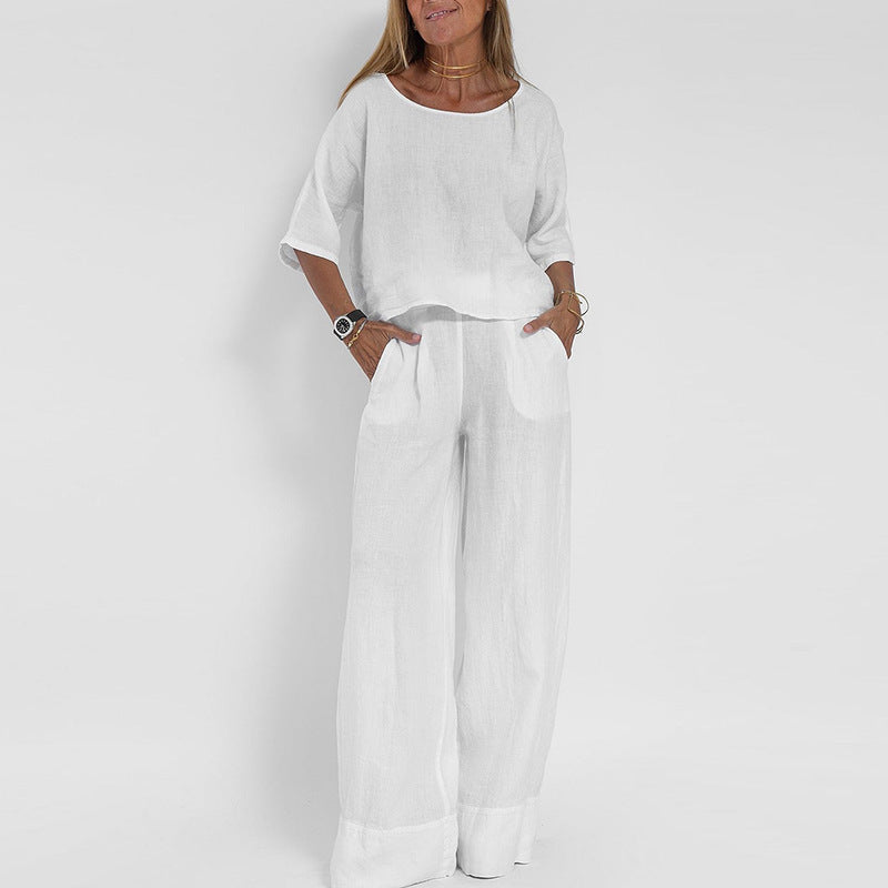 Women’s Two-Piece Set – Linen Blend – Relaxed Fit – Short Sleeve Top & Wide-Leg Pants