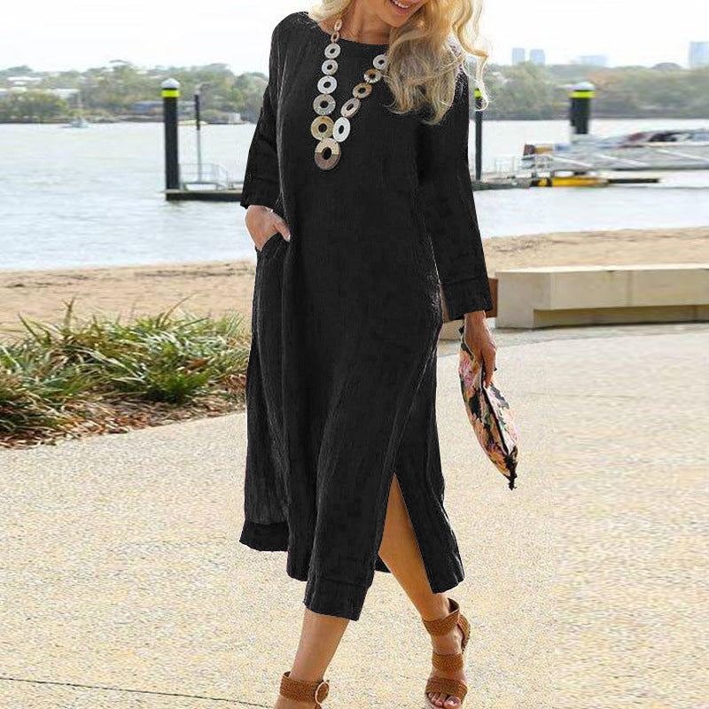 Women’s Shirt Dress – Relaxed Fit – Lightweight Woven – Long Sleeve – Midi Length