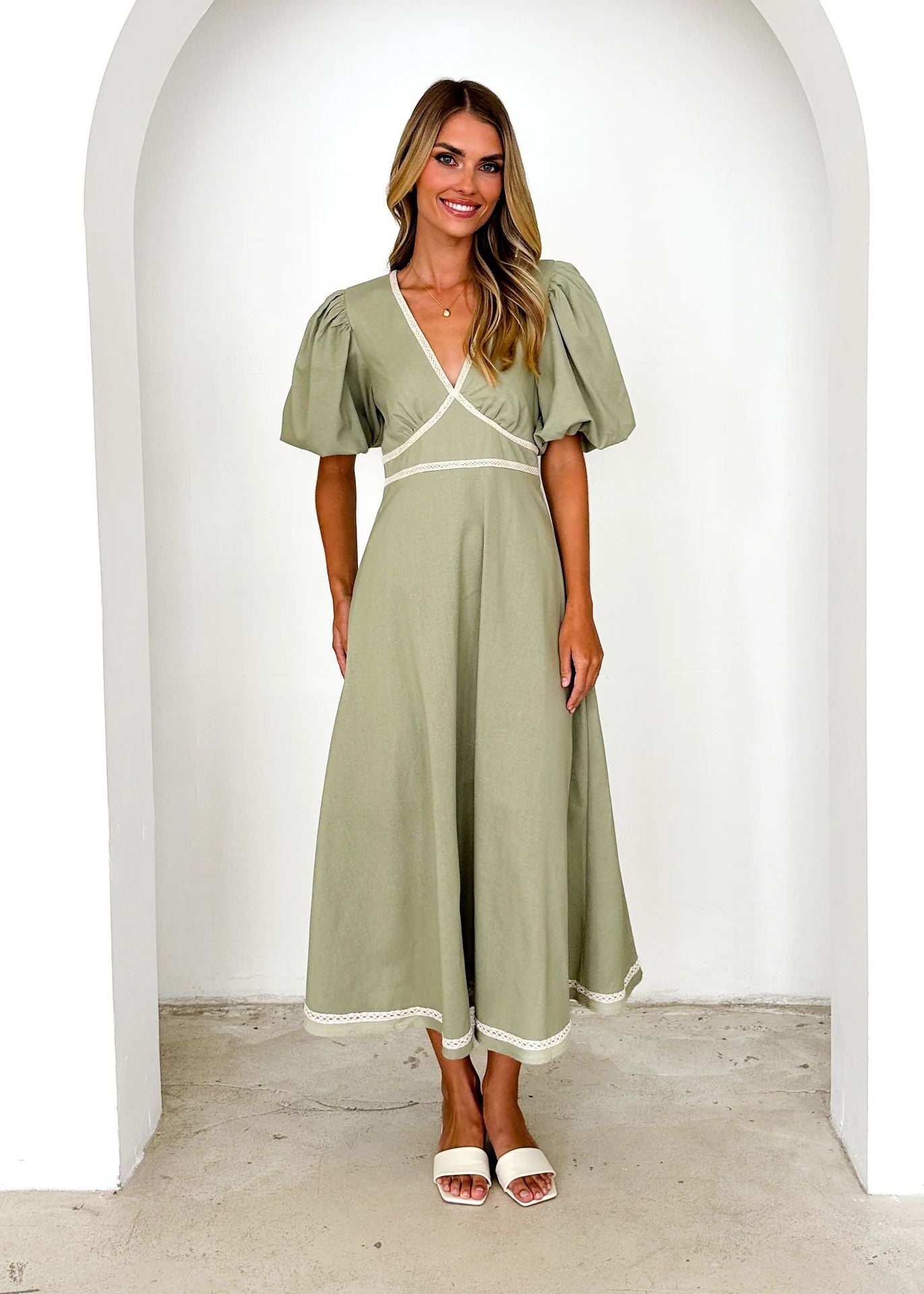 Women’s Long Dress – V-Neck Lace Trim – Puff Sleeve – Fitted Waist – Flowy Skirt