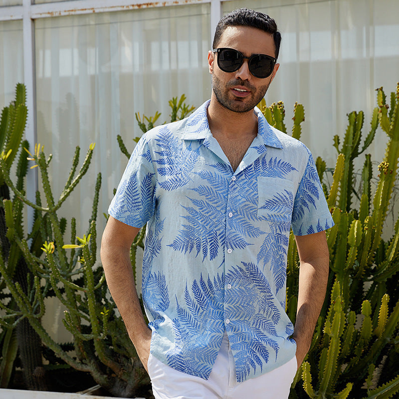 Men’s Short Sleeve Shirt – Relaxed Fit – Leaf Print – Button Up – Lightweight Breathable
