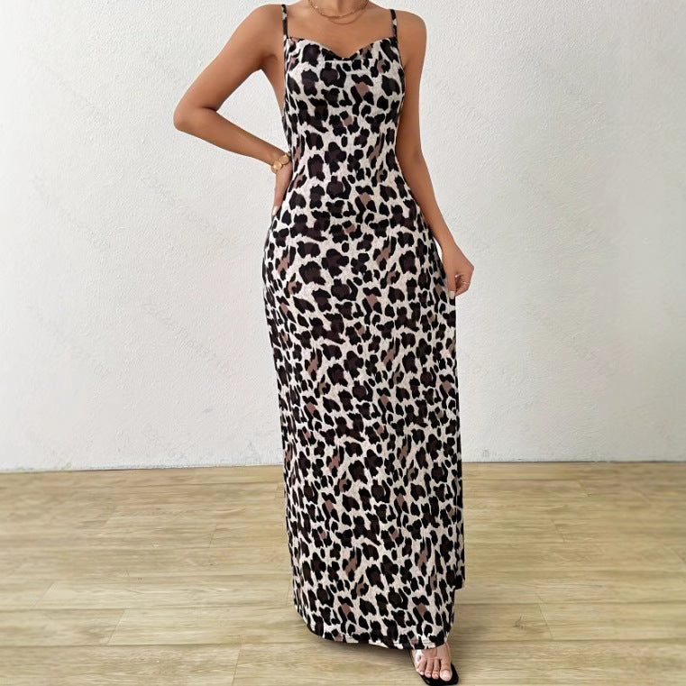 Women’s Sleeveless Dress – Slim Fit – Leopard Print – Full Length with Side Slit