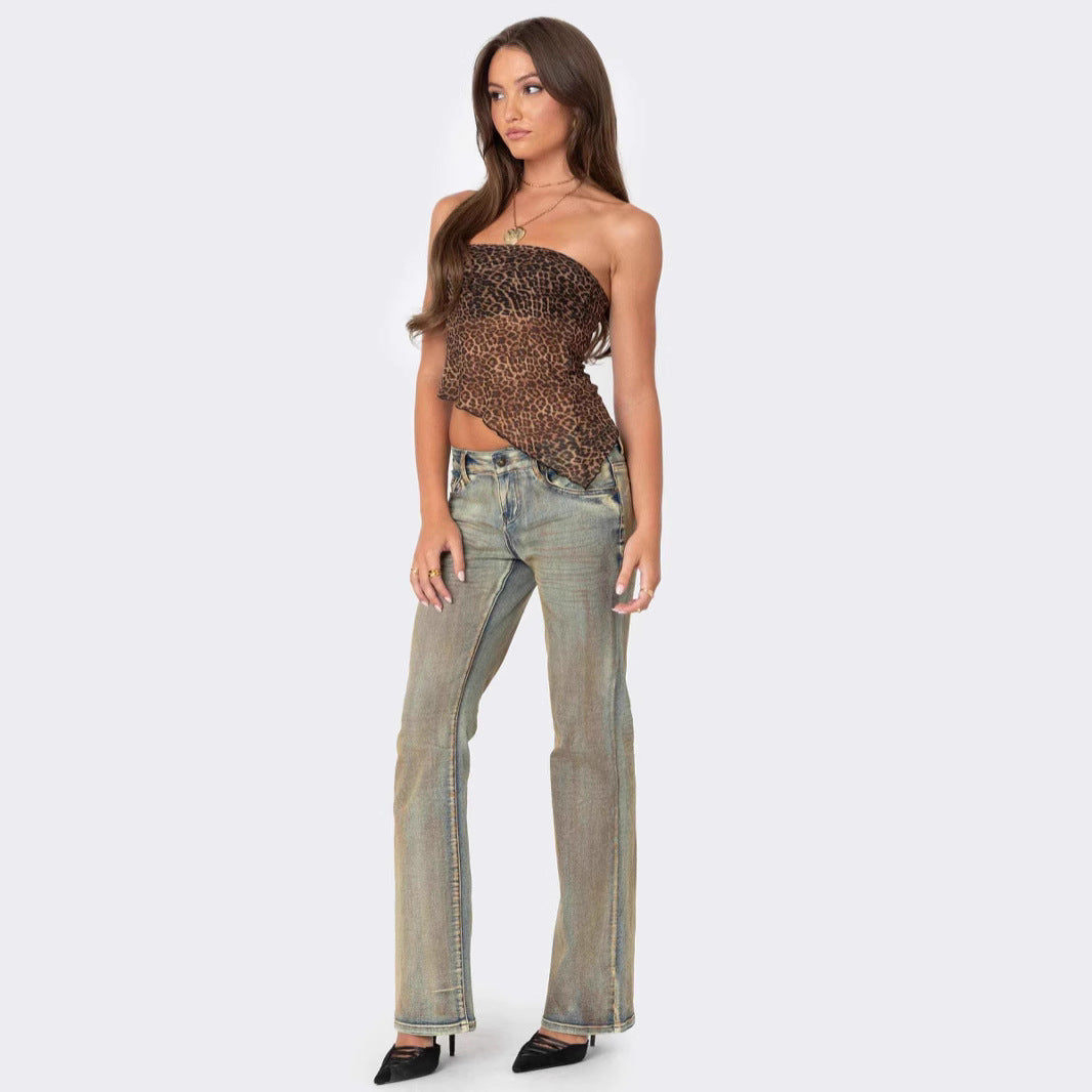 Women’s Tube Top – Slim Fit – Strapless Cropped – Animal Print Asymmetric Hem