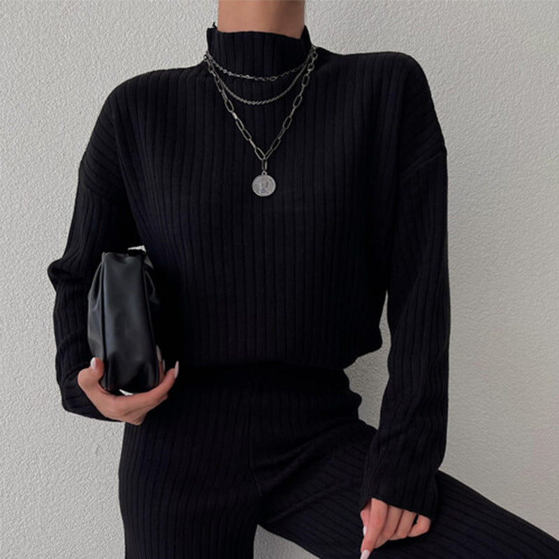 Women’s Knit Set – Ribbed Two-Piece – Oversized Top – Semi-High Neck – Full Length