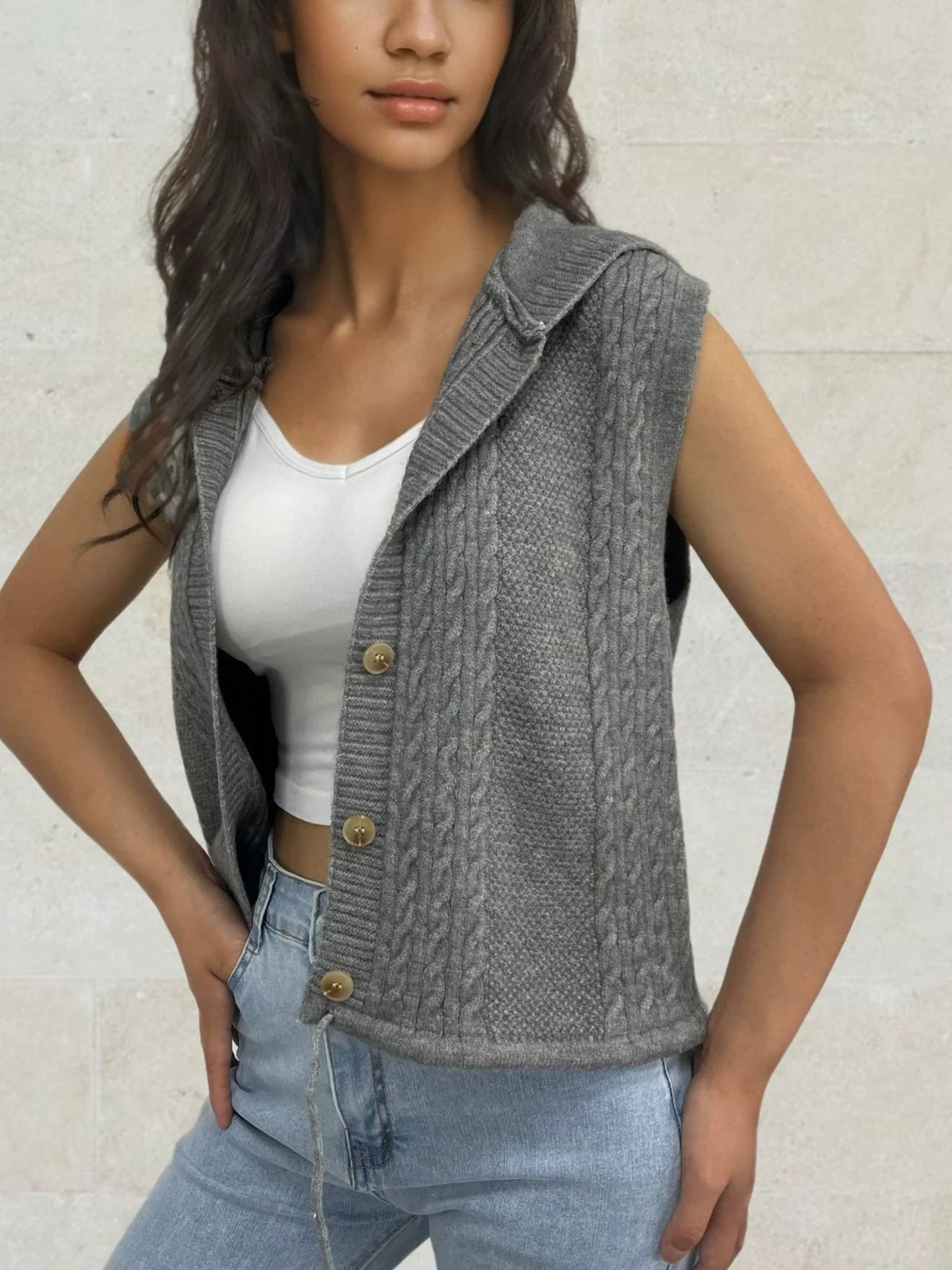 Women’s Hooded Vest – Cable Knit – Button Front – Soft Cotton Texture – Casual Fit