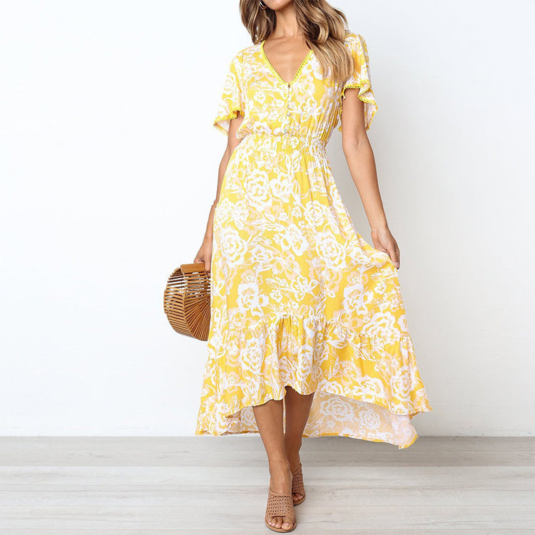 Women’s Maxi Dress – Floral Print – Breathable Blend – A-Line Fit – Ruffled Hem – V-Neck – Short Sleeve