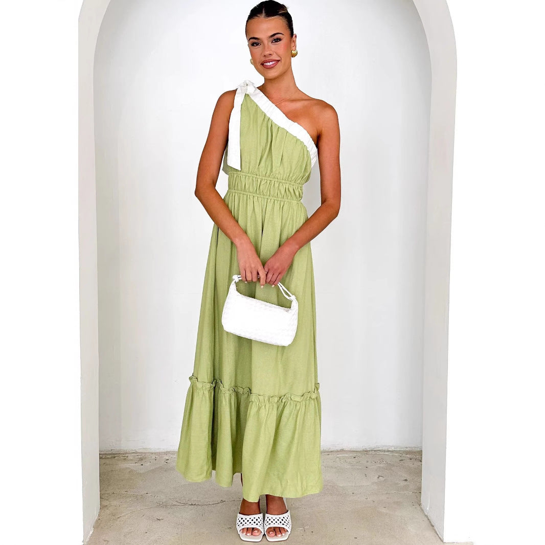 Women’s One-Shoulder Dress – Cotton Blend – A-Line Fit – Ruffle Hem – Midi Length