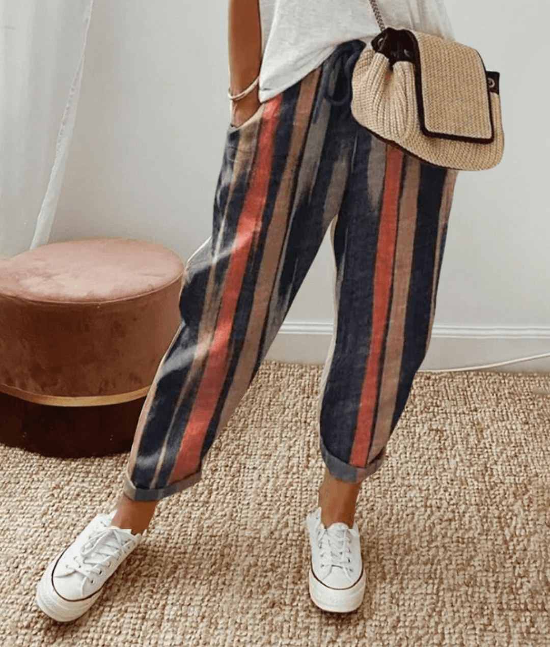Women’s Trousers – Relaxed Fit – Abstract Print – Breathable Blend – Drawstring Waist