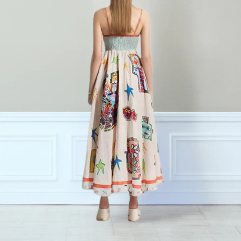 Women’s Maxi Dress – Cotton A-Line Fit – Square Neck – Spaghetti Straps – Printed
