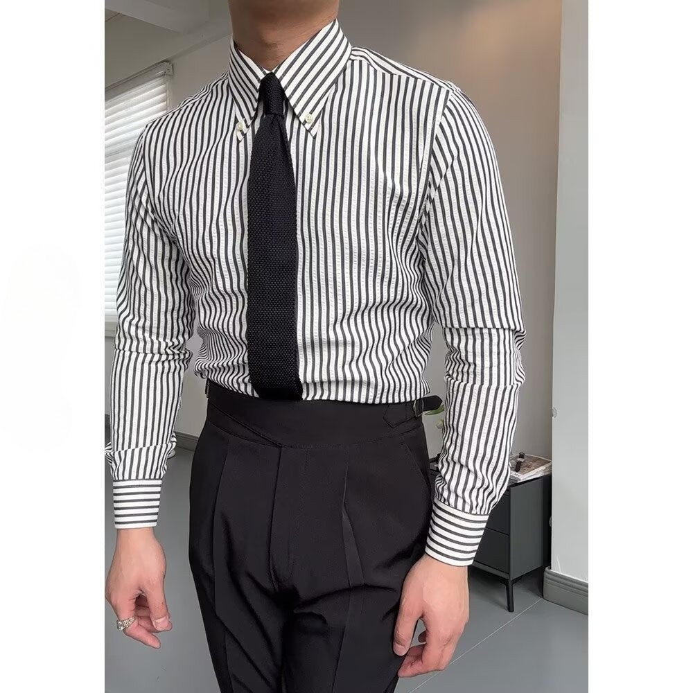 Men’s Long Sleeve Shirt – Tailored Fit – Cotton Blend – Striped Button-Down Formal Wear