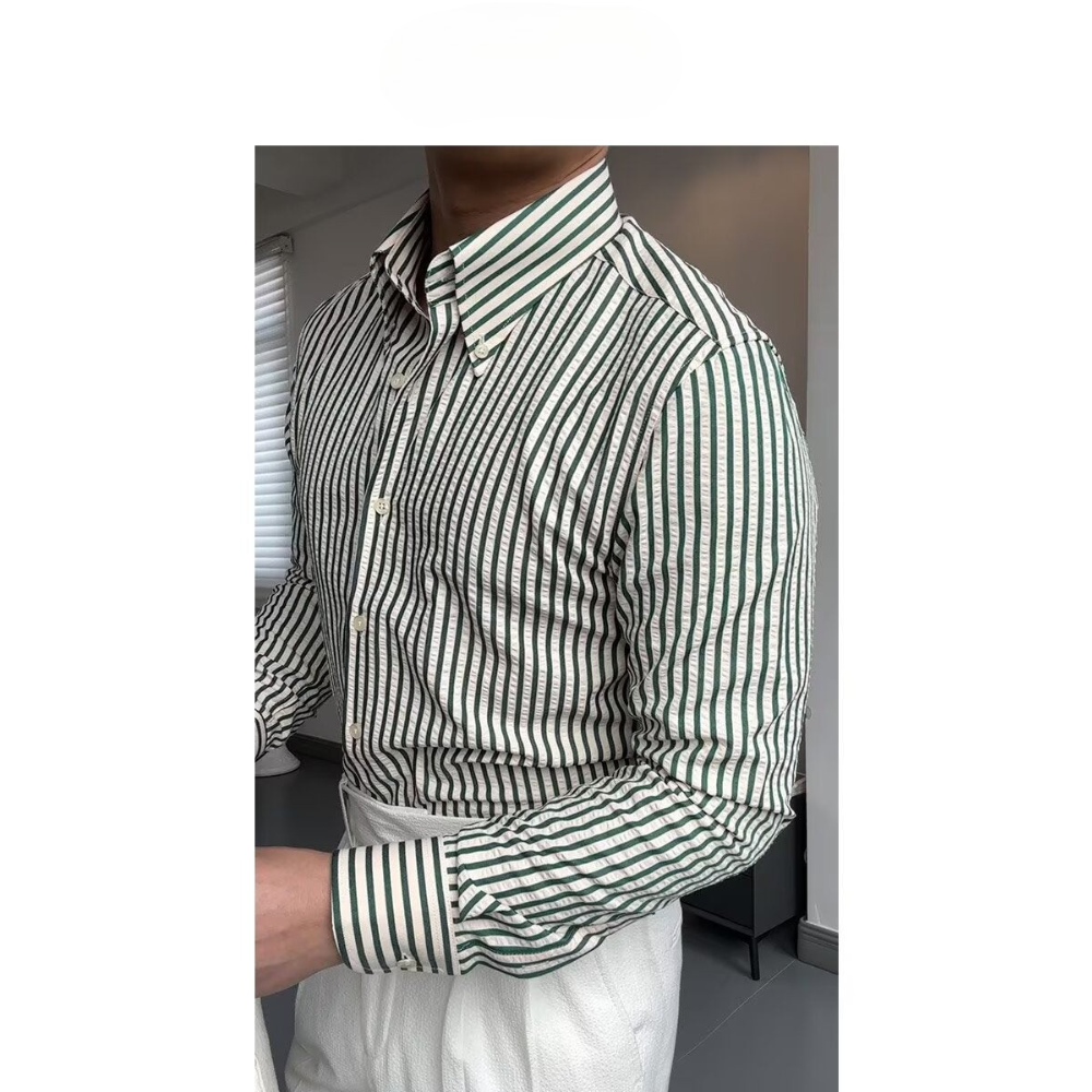 Men’s Long Sleeve Shirt – Tailored Fit – Cotton Blend – Striped Button-Down Formal Wear