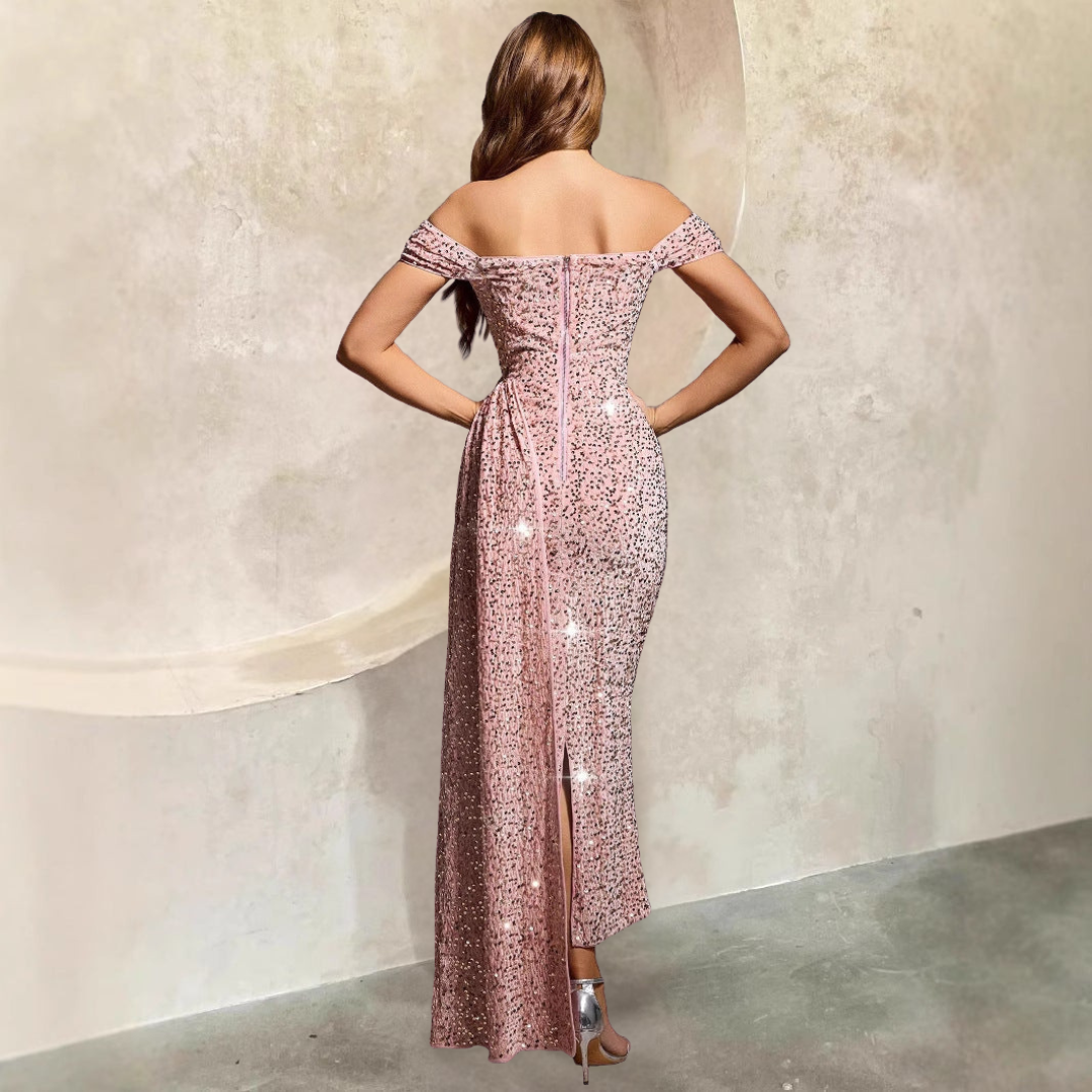 Women’s Evening Gown – Off-Shoulder – Fitted Sequin – Sleeveless Full Length Dress
