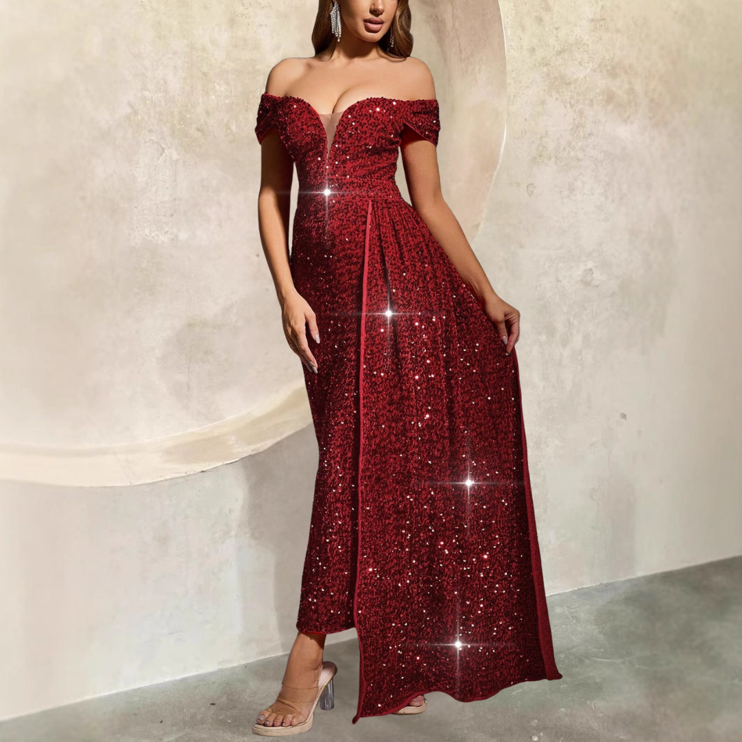 Women’s Evening Gown – Off-Shoulder – Fitted Sequin – Sleeveless Full Length Dress