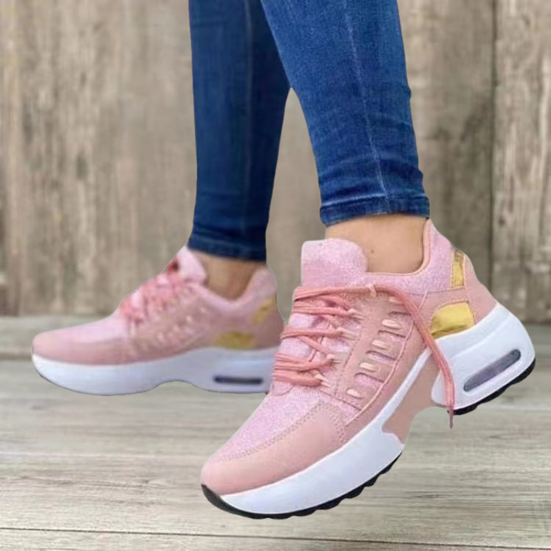 Women’s Athletic Shoes – Breathable Mesh – Wedge Heel – Cushioned Sole – Lace-Up Fit
