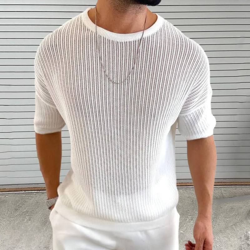 Men’s Knit Top – Slim Fit – Lightweight Ribbed Texture – Crew Neck Short Sleeve