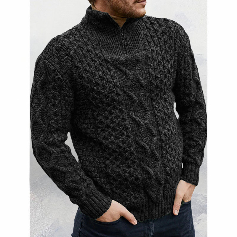 Men’s Knit Sweater – Wool Blend – Cable Knit – High Neck Zip – Regular Fit Warm Wear